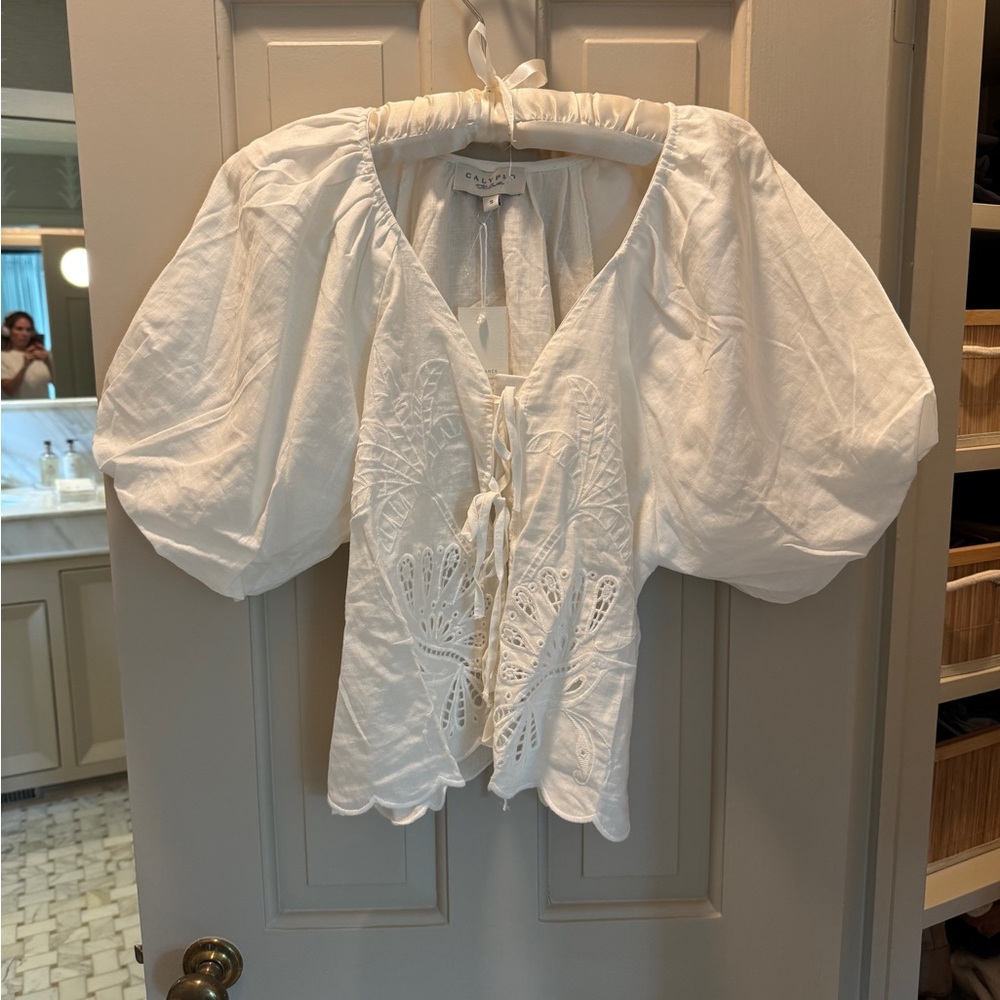 Calypso St. Barth White linen tie front bubble blouse